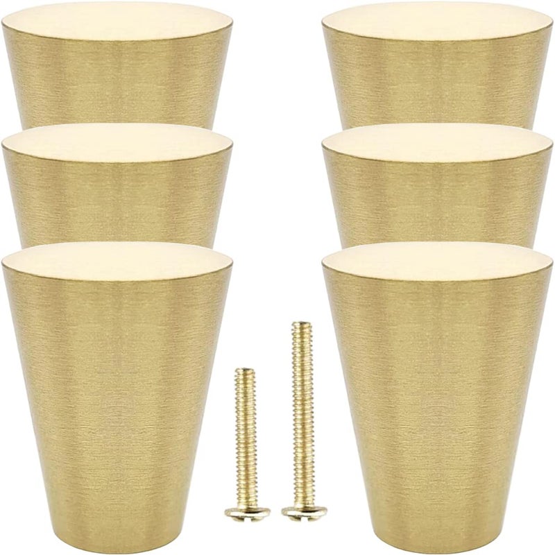 YEWLACA 6Pcs Brass Cabinet Knobs Solid Pure Copper Cone Knob Pull Handles for Kitchen Cabinet Drawer Dresser, Brushed Gold Brass Knobs with Screws - Image 1